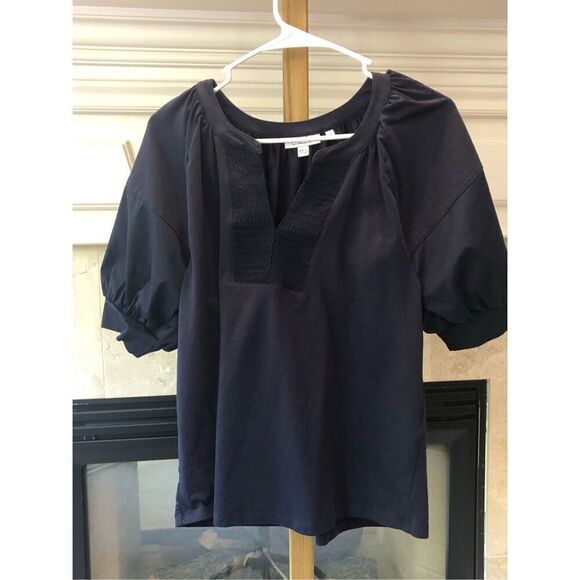Chico’s Women’s Navy Blue Short Sleeve V Neck Blouse Size 1 Medium(8) - Picture 1 of 9